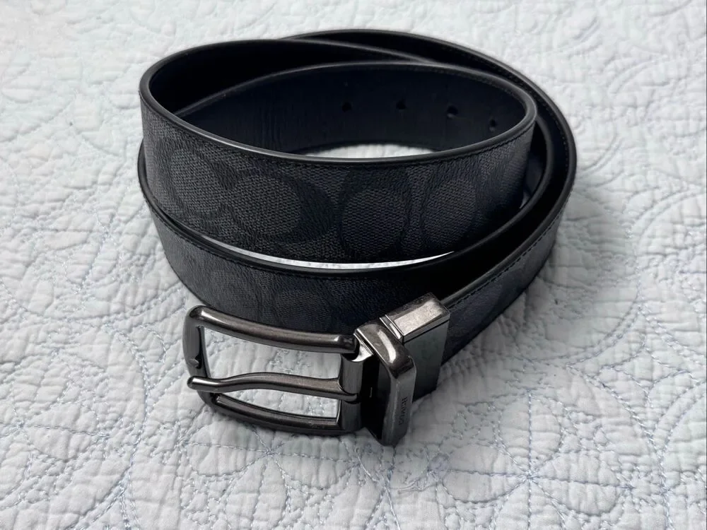 Coach Mens Leather Belt Black/Gray C8278 Size 42 1.5” Wide